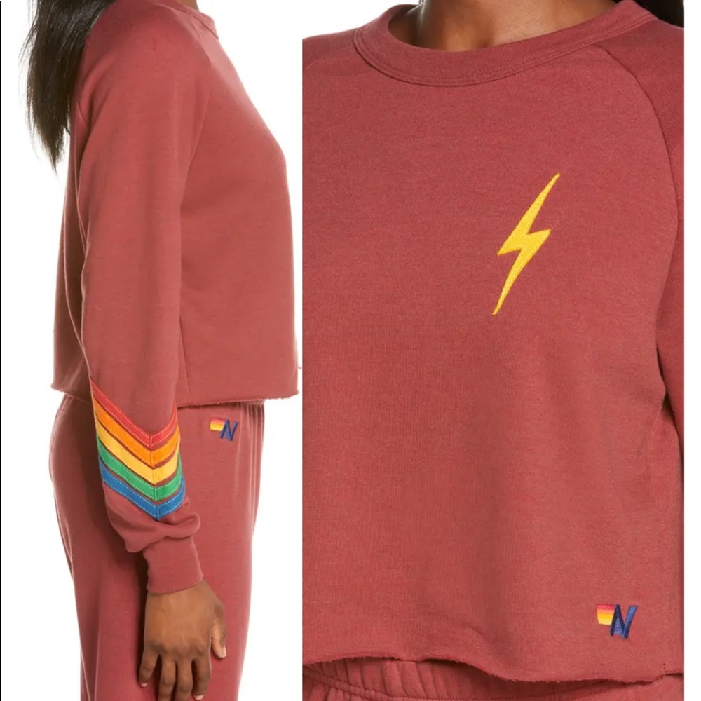 NWT Aviator Nation Bolt Chevron 5 Cropped Crew Sweatshirt - Claret - Picture 4 of 6